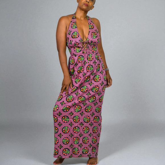 Vintage Halter Maxi Dress Pink Acrylic Floral Print Garden Coverup Hippie Small - Picture 8 of 15